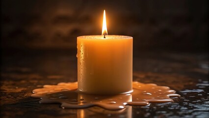 A close up view of a lit candle burning brightly with melted wax forming a pool on a dark surface