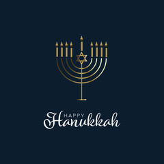A beautiful golden Hanukkah menorah, a symbol of the Jewish holiday, stands against a dark background with 