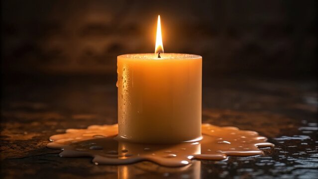 A close up view of a lit candle burning brightly with melted wax forming a pool on a dark surface