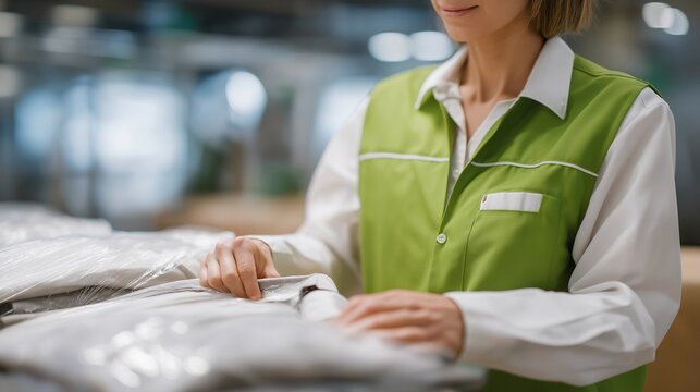 Worker in eco-friendly uniform sealing perfectly cleaned garments inside biodegradable protective covers — sustainability-driven composition promoting environmental responsibility, modern business
