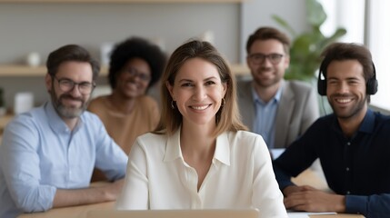Close-up of virtual onboarding meeting featuring diverse team members smiling across multiple screens — visual symbol of innovation, equality, and technology-driven engagement connecting in-office
