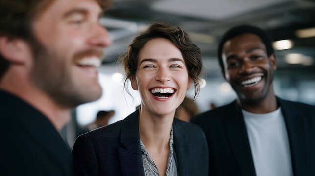 Laughter erupts among coworkers after a spilled coffee incident in a modern office — the unexpected joy of imperfection. Their faces brighten with genuine amusement, breaking the daily rhythm of