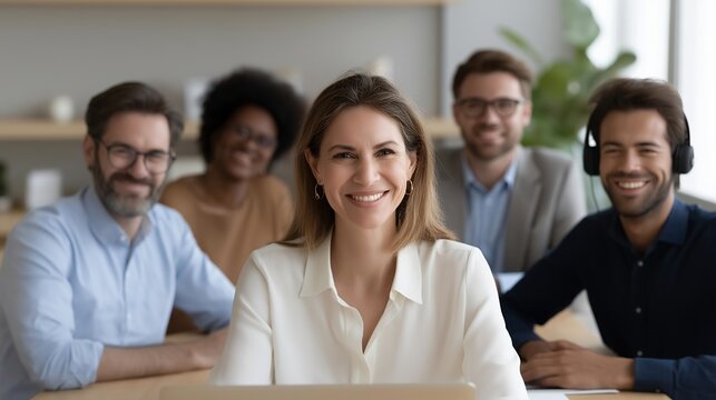 Close-up of virtual onboarding meeting featuring diverse team members smiling across multiple screens — visual symbol of innovation, equality, and technology-driven engagement connecting in-office