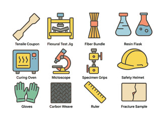 Laboratory equipment icons: tools for material testing and safety