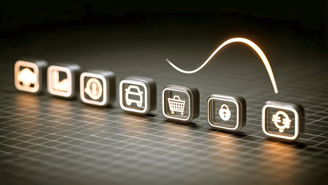 Online shopping journey with glowing digital icons representing cloud data, analytics, user profile, car, shopping cart, security, and financial transaction