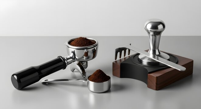 Professional barista equipment for espresso making portafilter tamper and ground coffee
