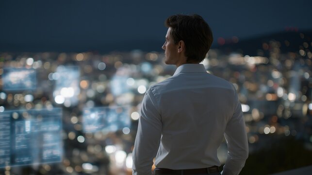 Candid shot of tech director gazing over urban skyline as digital interfaces hover in midair — symbolizing future-ready leadership, balance between humanity and technology, and emotional