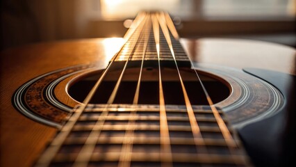 A close up view of an acoustic guitar with its strings and sound hole bathed in warm golden light