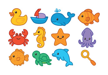 Colorful cartoon sea creatures and toys on white background