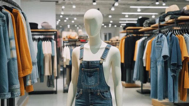 A rotating mannequin torso, sans limbs and head, displays kids' denim overalls