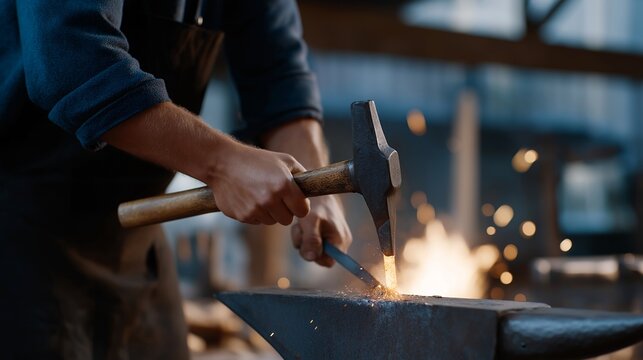 Close-up of glowing iron under a hammer’s strike as the blacksmith turns scrap metal into intricate home décor. The powerful visual represents transformation, environmental responsibility, and the