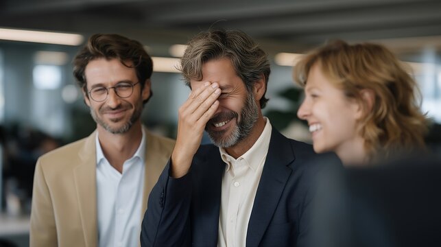 Laughter erupts among coworkers after a spilled coffee incident in a modern office — the unexpected joy of imperfection. Their faces brighten with genuine amusement, breaking the daily rhythm of