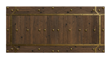 Wooden Table: The detailed view of an antique wooden table, with robust joinery, gleaming brass studs, and a touch of the past, the rugged, time-worn texture tells a story of craftsmanship.