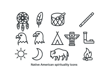Native american spirituality icons: dreamcatcher, feather, drum, eagle, teepee, totem, bison, fire