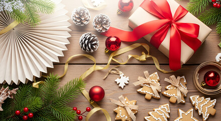 Festive Christmas arrangement with gift gingerbread cookies and ornaments holiday season decoration on wooden background top view