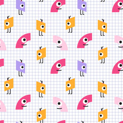 Seamless pattern of cute cartoon geometric figures. Colorful funny characters, trendy vector illustration