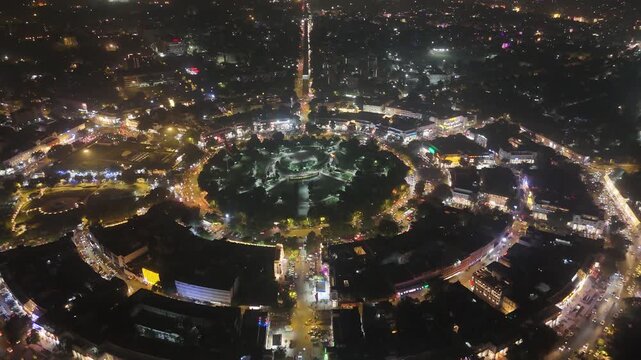 Aerial night drone shot of Connaught Place, New Delhi, India