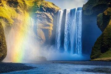 Iceland waterfall rainbow mist scenic nature background