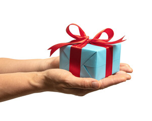 High quality PNG of close up hands with gift box is wrapped in light blue paper and tied with a red...