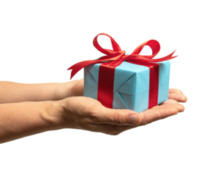 High quality PNG of close up hands with gift box is wrapped in light blue paper and tied with a red ribbon with a bow. Isolated image on a transparent background