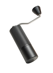 High quality PNG of a metal manual coffee grinder black color isolated on a transparent background.