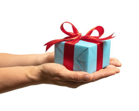 High quality PNG of close up hands with gift box is wrapped in light blue paper and tied with a red ribbon with a bow. Isolated image on a transparent background