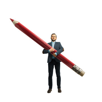 High quality PNG of close up the man with a large red pencil in his arm. Isolated image on a transparent background