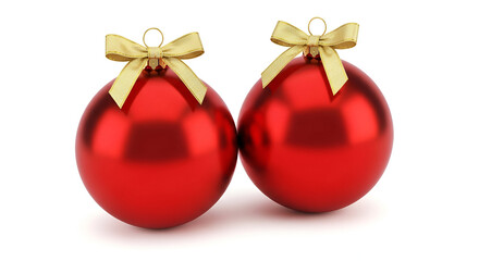 Two red Christmas ornaments with gold ribbon holiday decoration isolated on white background