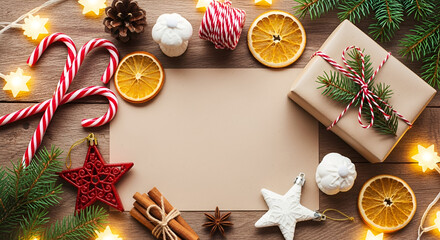 Festive Christmas background with blank paper presents and decorations perfect for holiday greetings and seasonal promotions