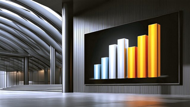 Bar chart showing financial growth and market success on a large screen in a modern corporate building or futuristic business lobby