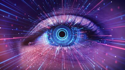 Human eye floating holographic UI icons, charts line graphs in 3D surveillance digital invigilation Futuristic, technology, digital, interface, biometric, innovation. digital human eye. Cyber security - Powered by Adobe