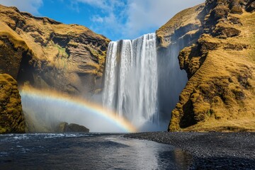 Iceland waterfall rainbow mist scenic nature background