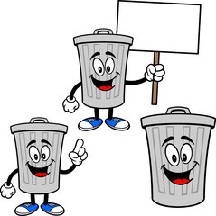 Trash Can Mascot Set 01, Hand Drawn illustrations of Trash Can Mascots in various poses.