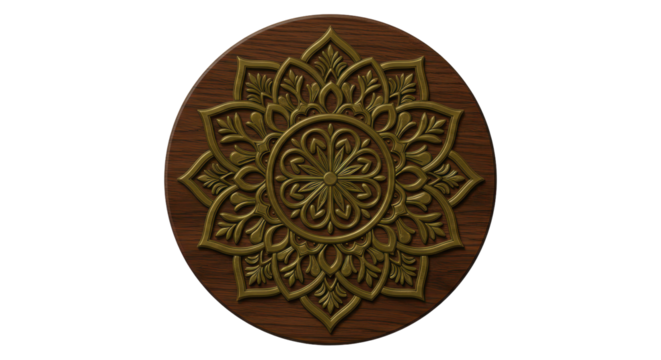 Intricate Mandala Design: A close-up view of an intricately crafted mandala design, carved into a dark wood disc, showcasing the beautiful symmetry and detail of the artwork.  - Powered by Adobe