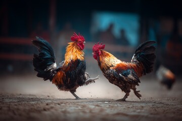 professional cockfighting, two roosters fight with each other as combatants at fighting ring