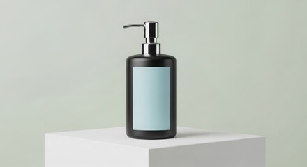 Black pump bottle with blue label on display isolated PNG with Transparent Background