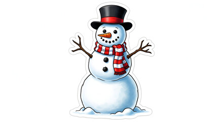 Cartoon snowman with a red scarf and black top hat cheerful winter illustration isolated on white background