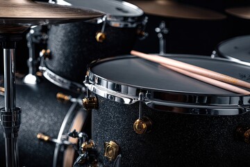 Close-up of a dark, textured drum set with drumsticks resting on a snare drum