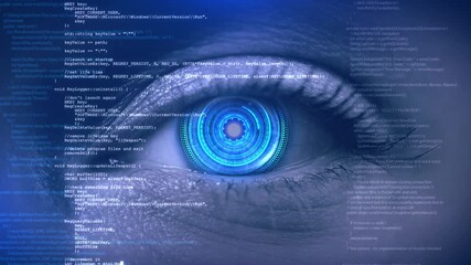 High tech cyber eye spy technology hologram, virtual eye internet control surveillance digital invigilation background coding. eye cyber security. futuristic technology digital technology abstract. - Powered by Adobe