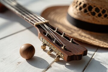 A partial view showing a wooden guitar neck, a straw hat, and a wooden ball on white wood
