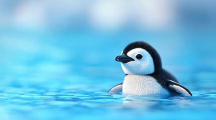 Fototapeta premium Cute baby penguin swimming in clear blue water, showcasing its fluffy feathers and playful demeanor. serene environment adds to charm