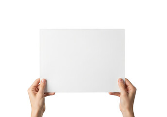 Obraz premium Hands holding blank white paper sheet mockup template advertisement display presentation, isolated on transparent background