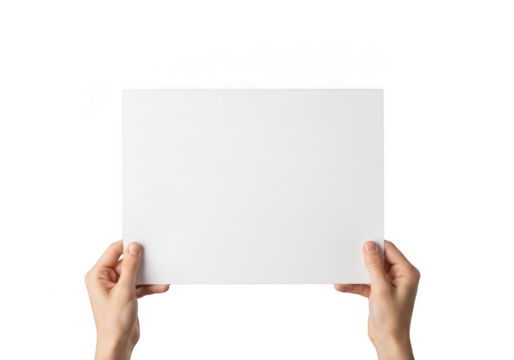 Hands holding blank white paper sheet mockup template advertisement display presentation, isolated on transparent background
