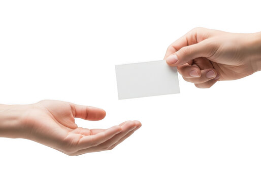 Hands exchanging business card mockup presentation offer receive contact information isolated on transparent background