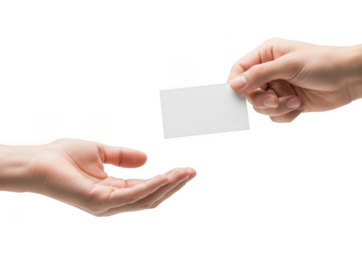 Hands exchanging business card mockup presentation offer receive contact information isolated on transparent background