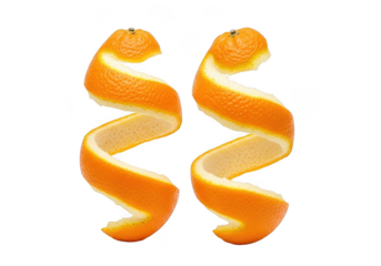 Two orange peel spirals, citrus fruit skin, food ingredient, vitamin c source, healthy snack, culinary decoration, garnish isolated on transparent background