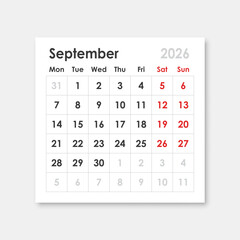 Calendar september 2026 icon in flat style. Planner sticker vector illustration on isolated background. Calender sign business concept.