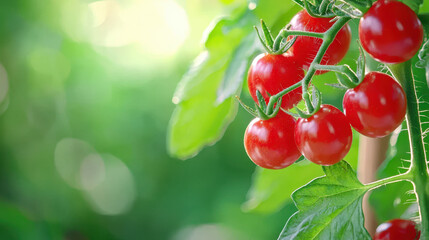 Fresh cherry tomatoes hang from green vine, surrounded by lush leaves, creating vibrant and healthy garden atmosphere