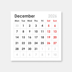 Calendar december 2026 icon in flat style. Planner sticker vector illustration on isolated background. Calender sign business concept.