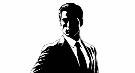Confident Businessman in Suit Looking Over Shoulder Black and White Illustration.